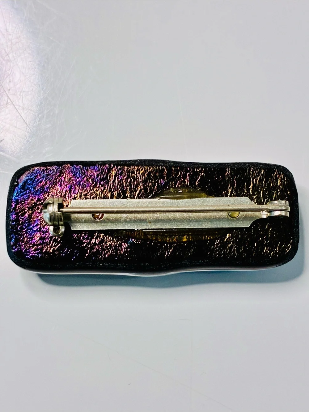 VTG Handmade Dichroic Glass Cabochon - Pink & Teal Rectangle Bar Brooch EUC